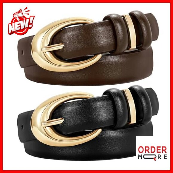 2 Pack Women\'s Faux Leather Skinny Belts with Gold Buckle for Jeans Pants main image 7